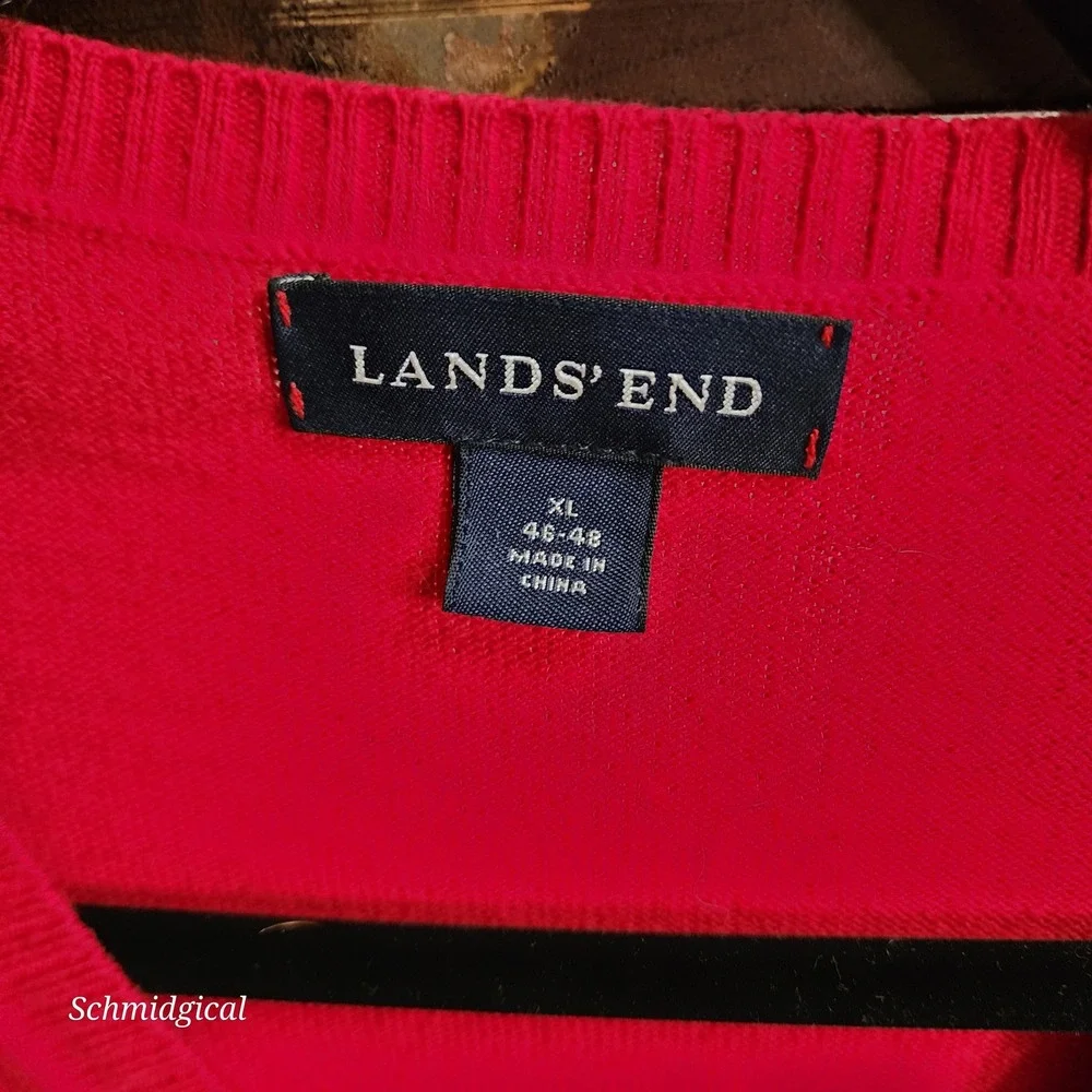 Lands End Mens XL Red Cotton Cashmere Blend V-Neck Sweater Vest 46-48